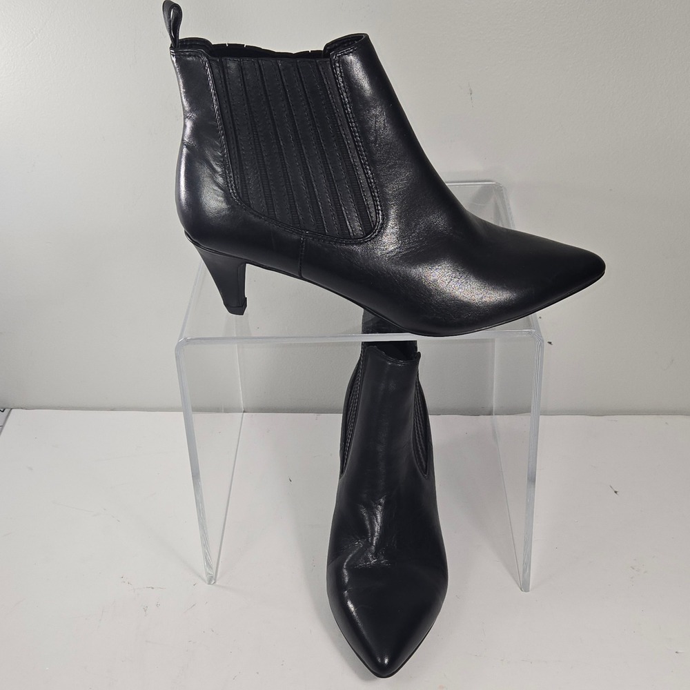 Bleecker & Bond Beatriz Black Leather Kitten Heel Pointed Toe Ankle Boots 6M